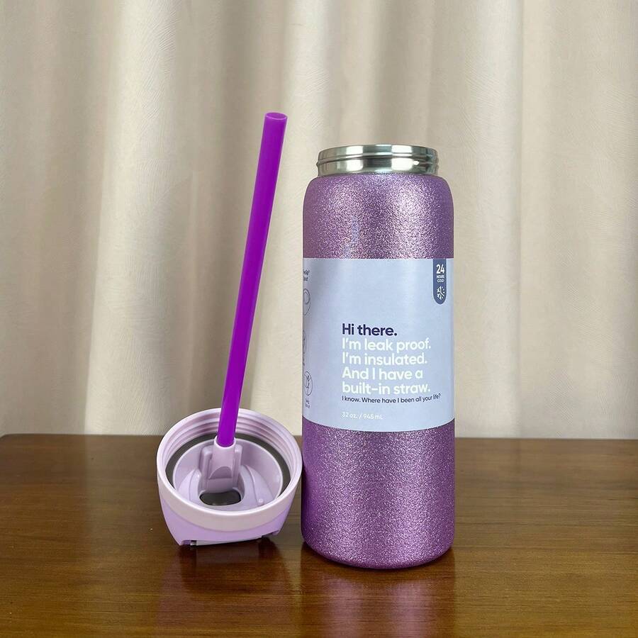 OWALAFreeSip 32oz Straw Insulated Water Bottle Double-Layer Stainless Steel Vacuum Thermal Mug For Sport And Travel - Lấp lánh màu tím-32oz - Xem 1