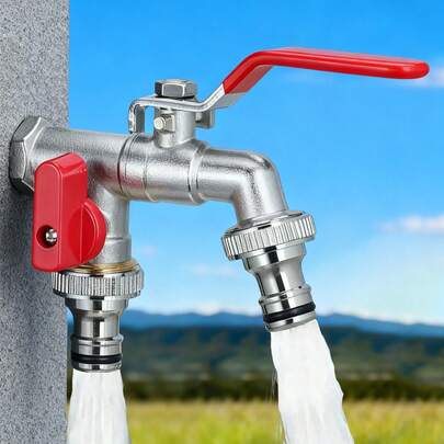 1x Vintage-Style Dual-Outlet Garden Faucet - G1/2 Zinc Alloy Outdoor Tap With Dual Valves. A Classic Dual-Outlet Garden Faucet Featuring Durable Brass Fittings That Are Frost-Proof And Rust-Resistant. Compliant With Both US And European Threading Standards, It Boasts A Polished Surface Finish. Ideal For Use In Gardens, Farms, Car Washes, Watering Tasks, And Lawn Care; An Essential Outdoor Irrigation Tool For Courtyards. An Ideal Gift For Family And Friends During The Holiday Season.