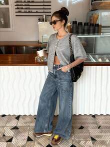 FOR BEAUTY Spring/Summer New Grey Round Neck Half Sleeve Button Knitted Cardigan Women's Top, Fashionable, Casual, Simple Daily Street, Suitable For Commuting Coat