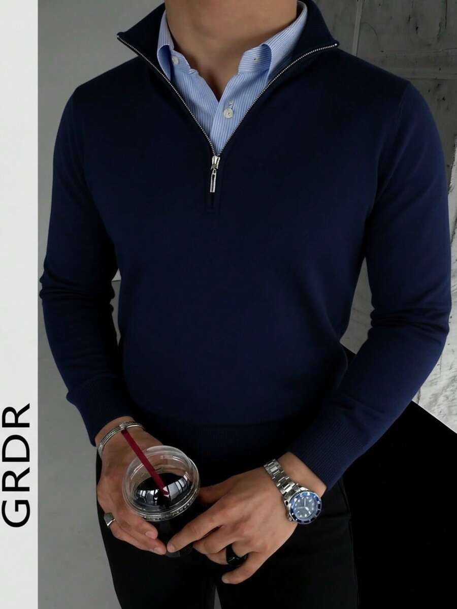 GRDR Men's Casual Long Sleeve Half-Zip Pullover Sweater, Versatile For Daily Wear - Navy Blue - View 1