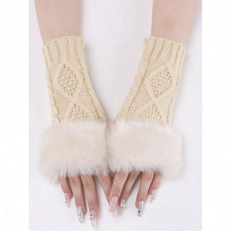 1pair Women's Coffee Colored Short Knitted Gloves With Exposed Fingertips, Winter Warm And Stylish - 米色 - 查看 1