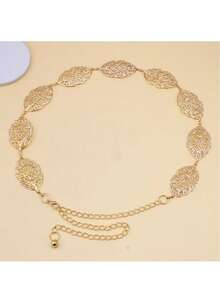 1pc Women's Solid Color Bohemian Style Hollow Leaf Decor Alloy Adjustable Waist Chain, Versatile Accessory - Leaf Style - View 1
