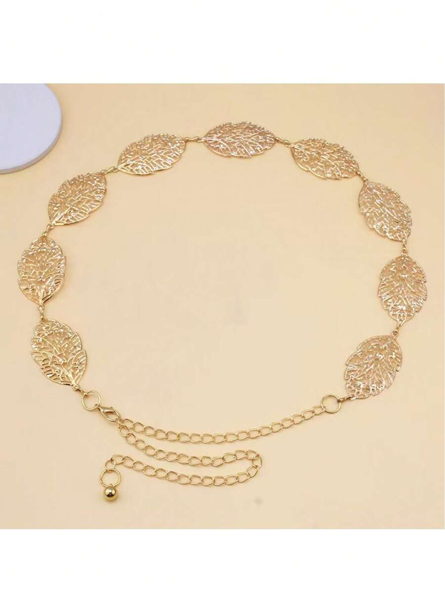 1pc Women's Solid Color Bohemian Style Hollow Leaf Decor Alloy Adjustable Waist Chain, Versatile Accessory - Leaf Style - View 1