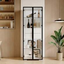 60 X 40 X 160 Cm Cabinet, Display Cabinet With Tempered Glass Door, Display Cabinet/Storage Cabinet With LED Lighting, 2 Glass Shelves, 2 Drawers, Tall Cupboard, Living Room Cabinet, Storage Cabinet, Tall Cabinet, Sofa Cabinet, White - 黑與白 - 查看 4