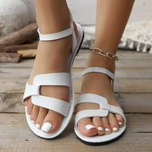 Sandalias planas de mujer, elegantes, cómodas y con estilo retro. Con correa de tobillo elástica, de color blanco y de estilo versátil. Sandalias de dedo abiertas con doble correa sencilla - Blanco - Ver 13