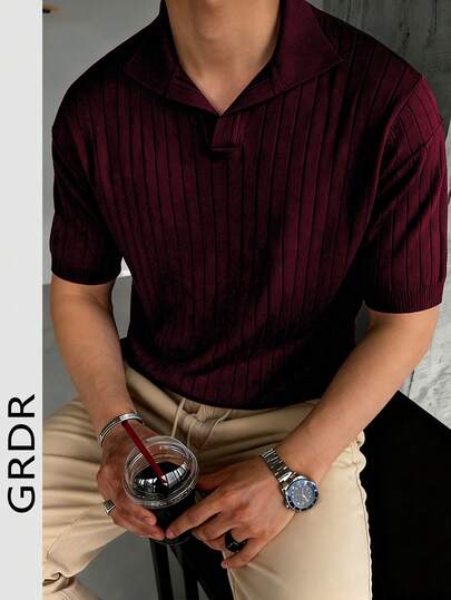 GRDR Men's Loose Thin Ribbed Polo Collar Knit Shirt, Short Sleeve, Summer