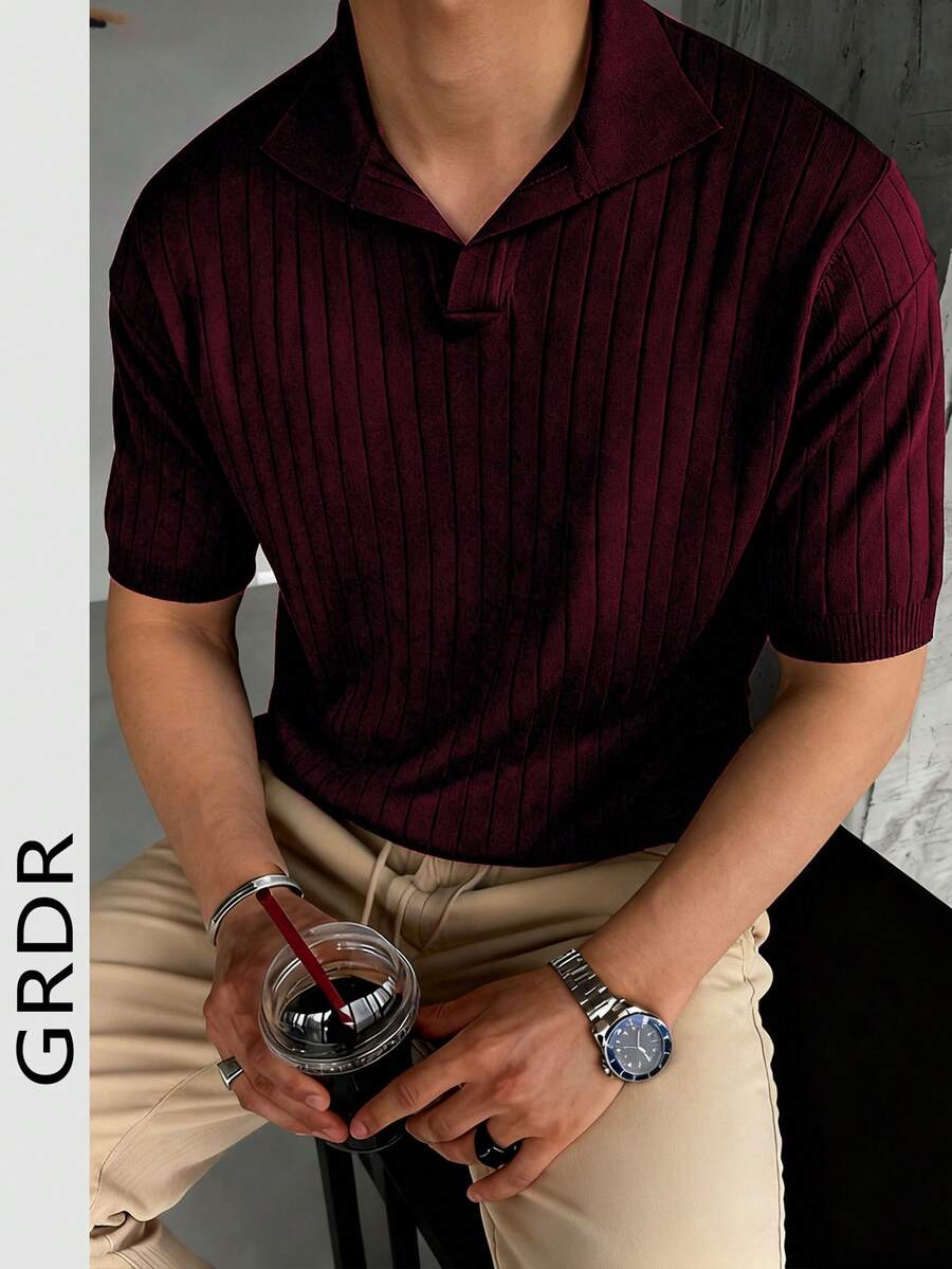 GRDR Men's Loose Thin Ribbed Polo Collar Knit Shirt, Short Sleeve, Summer - Burgundy - View 1