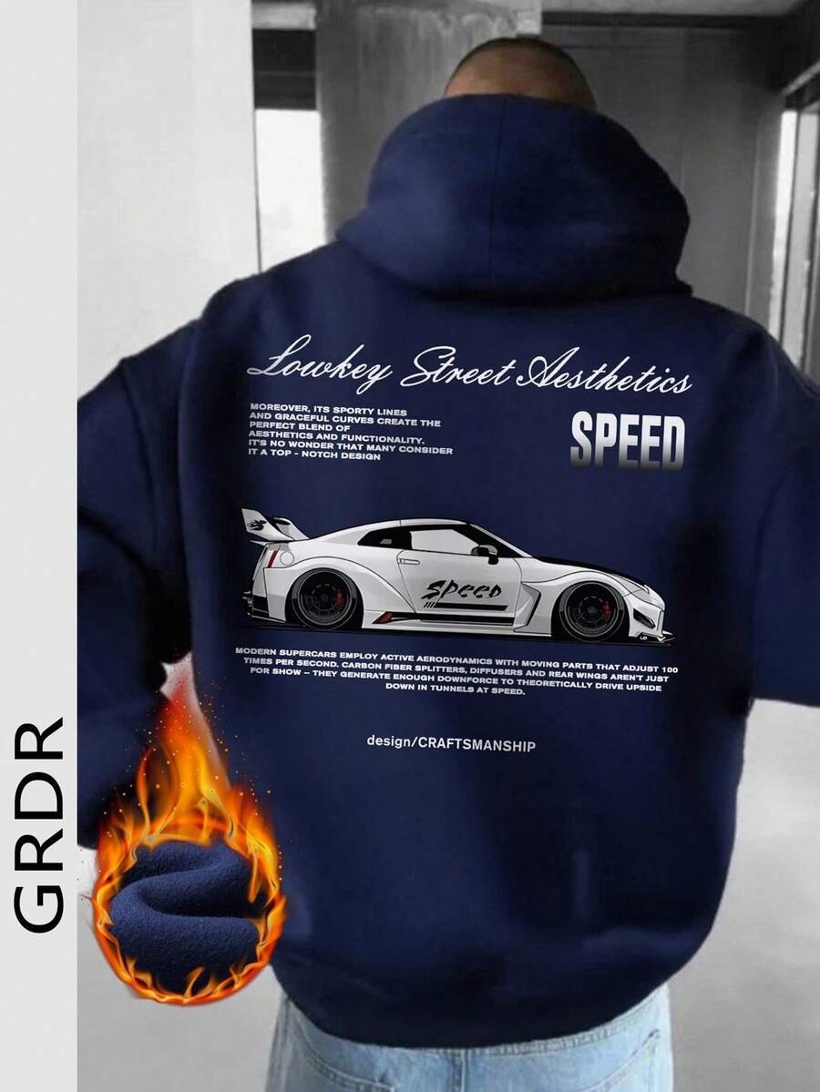 GRDR 男士连帽衫，汽车元素印花，袋鼠口袋，秋冬新款街头时尚 - 藏蓝色 - 查看 1