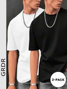 GRDR 2pcs/Set Men's Solid Color Casual Street Sporty Crew Neck Short Sleeve T-Shirts - Black and White - View 1