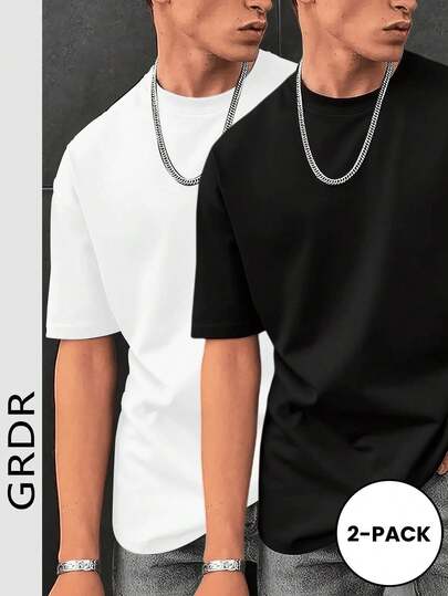 GRDR 2pcs/Set Men's Solid Color Casual Street Sporty Crew Neck Short Sleeve T-Shirts