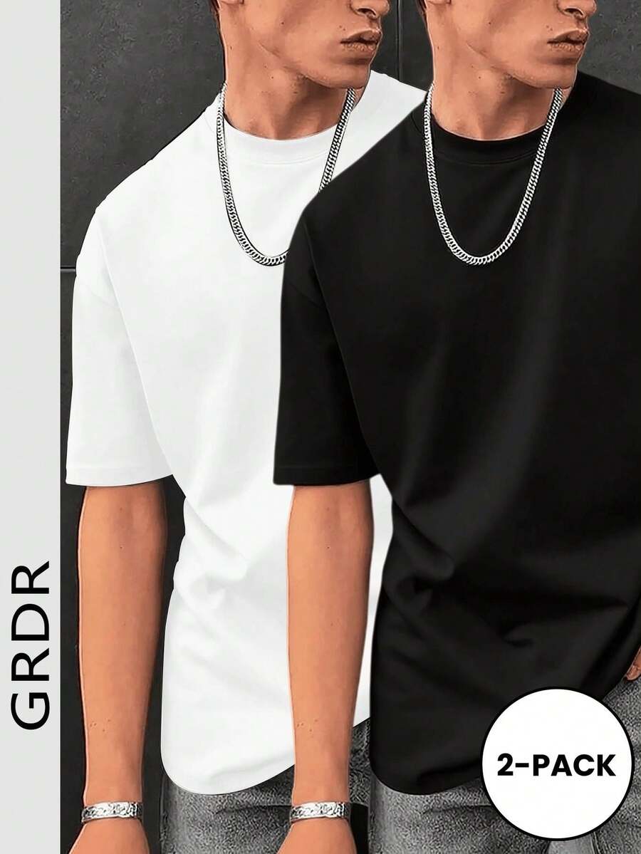 GRDR 2pcs/Set Men's Solid Color Casual Street Sporty Crew Neck Short Sleeve T-Shirts - Black and White - View 1