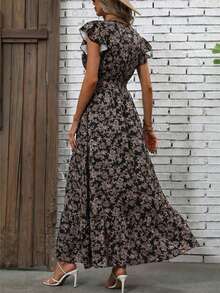 印花荷叶边A字连衣裙 - 褶裥腰身，宽松版型，度假风，春夏必备 - 时尚夏季女装 - 黑色 - 查看 4