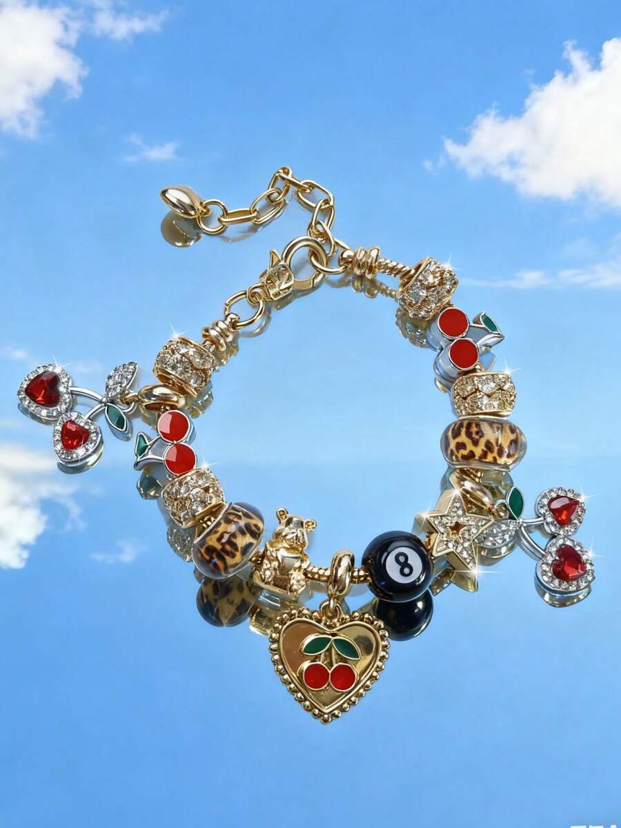 1pc Leopard Print Cherry Pendant Bracelet, Black 8 Ball Cherry Beaded Bracelet Leopard Print DIY Bracelet - Multicolor - View 1