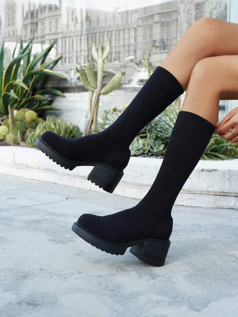 Chunky Heel Tall Retro Over-The-Knee Boots For Women, Fashion Round Toe Chunky Mid-Heel Boots