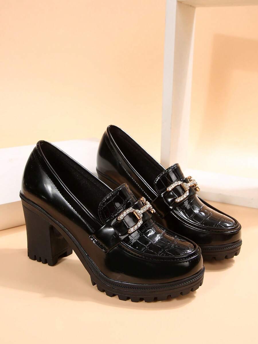 Women's Rhinestone Buckle Thick Sole Loafers, Black Patent Leather Platform Shoes, Loafer Style Suitable For Office And Everyday Wear - Black - View 1