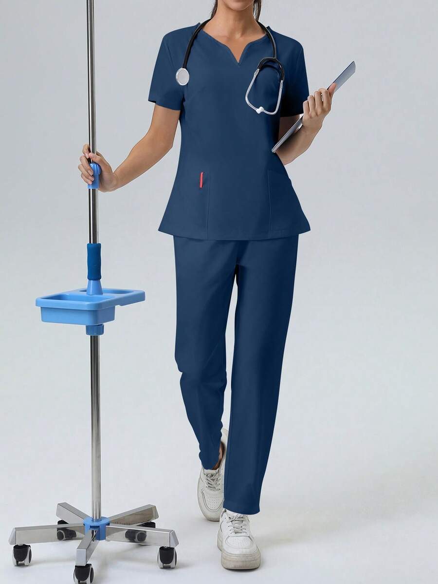 V-Neck Pocket Short Sleeve Top And Pocket Pants Pajama Set - Deep Blue - View 1