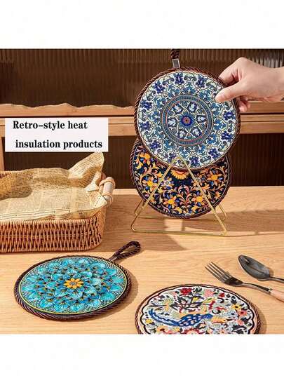 1個/2枚セラミック断熱マット、丸型、滑り止め、耐熱、素敵なデイジーフラワーデザイン、セラミックテーブルマット耐熱、簡単お手入れコースター、掛けて収納可能、ノルディック調、レトロスタイル、高級感のある食器、耐熱性の高い土鍋用、テーブルマット、家庭用高温耐性