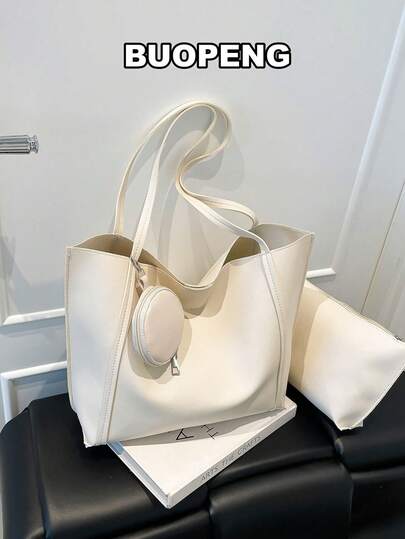 3pcs Large Capacity Shoulder Tote Bag, Shoulder Bag, Fashion Business Casual Commuter Bag, Clutch Wallet Suitable For Shopping, Wallet, Shopping, Young Women, College Students, Newlyweds, White-Collar. Suitable For Office, University, Work, Business, Commuting, Outdoor Activities, Travel And Outing