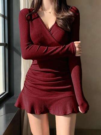 女式休闲性感纯色 V 领长袖荷叶边下摆紧身美人鱼连衣裙性感可爱风格万圣节服装