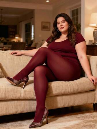 1双加大码女士舒适酒红色连裤袜，高腰，高弹力，柔软舒适，复古优雅，防勾丝，百搭日常穿着