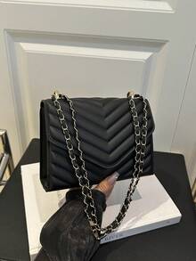 Women's Solid Color Pearl Chain New Niche Design Influencer Fashion Chain Shoulder Crossbody Bag, Ins Versatile Small Square Bag, High Gloss Embossed Solid Color Mini Chain Shoulder Bag - Black - View 5