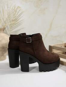 Botas de tobillo con plataforma y tacón alto grueso, versátiles y impermeables, de moda - Café integral - Ver 4