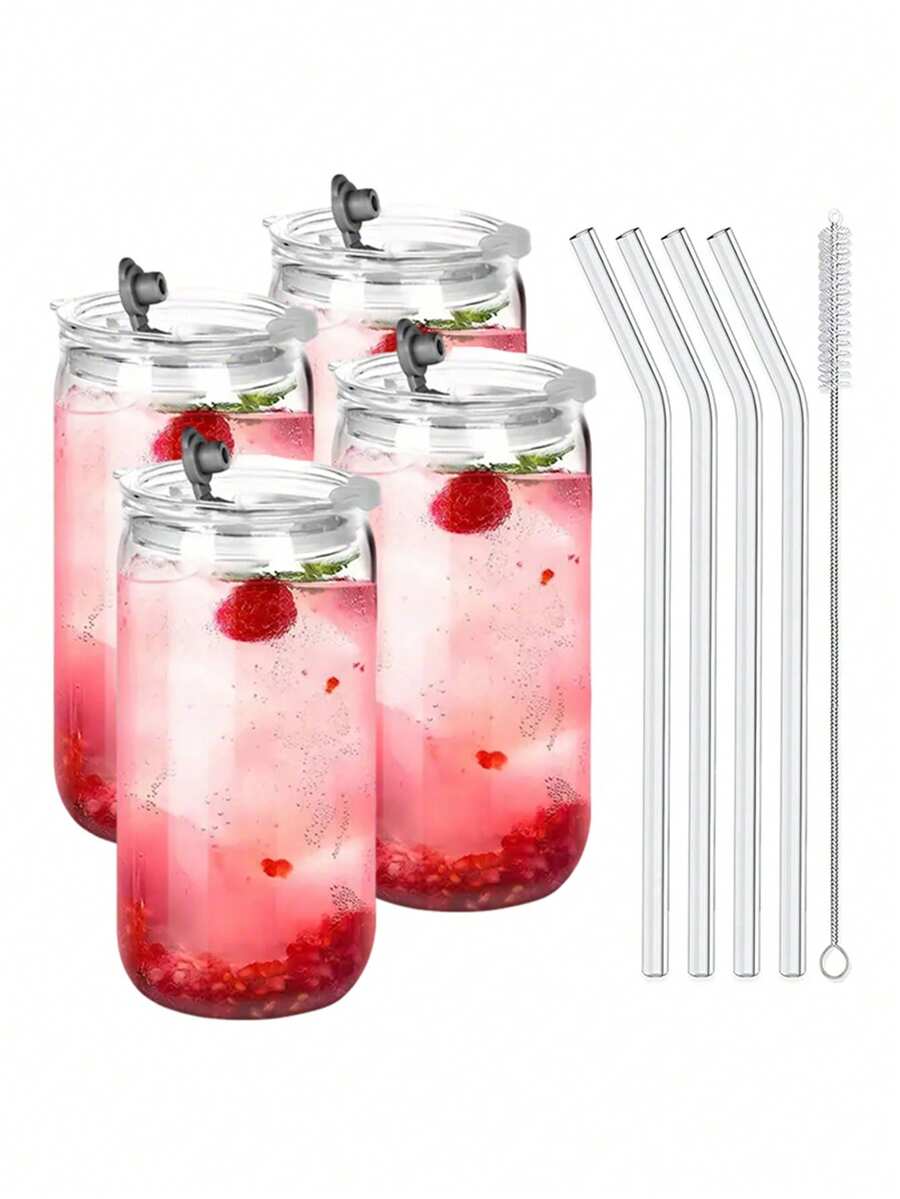 4/6pcs, 473ml/16oz Glass Cups, Glass Cups With Lid, Straw, And Straw Brush, Mason Jar Water Cup, Coffee Cup, Glass Cup With Plastic Lid, Cute Tea Set, Homemade Drinking Cup Set, Reusable, Suitable For Hotels And Family Gatherings - 4個杯子+4個蓋子+4個吸管+1個吸管刷 - 查看 1