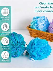 沐浴球、男女通用去角质海绵、沐浴配件去角质海绵套装，包含沐浴球、丝瓜络海绵、沐浴海绵和柔软网状沐浴球。男女通用浴室用品，适合作为节日礼物、生日礼物、情人节礼物和新年礼物送给朋友。