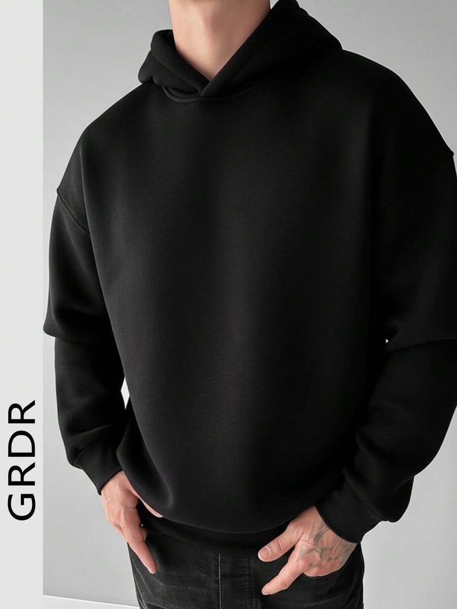 GRDR Men's Casual Street Hooded Sweatshirt, Solid Color With Thermal Lining, Loose Fit, Autumn/Winter