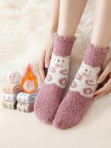 2 Pairs Multicolor Thermal Lined Women Coral Velvet Socks, Warm Crew Socks For Autumn/Winter, Pregnancy, Indoor Wear, Non-Shedding, Cozy Socks - Multicolor - View 1