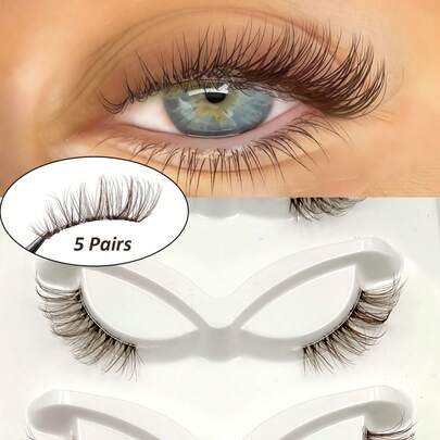  Asiteo 5对装棕色假睫毛，自然款，透明梗，条状假睫毛，可重复使用，打造日常自然妆容，半眼型，适合淡妆或自然妆容