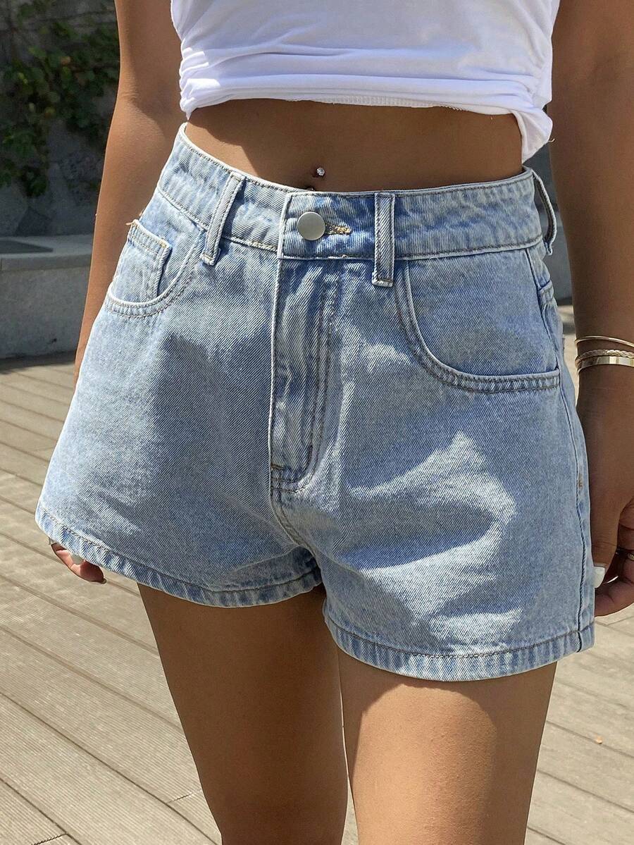 Teen GirlWashed Denim Shorts, Simple & Versatile Design With Elastic Waistband, Suitable For Daily Wear Or School - Light Wash - View 1