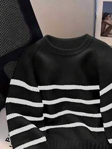 Maglione casual da donna a righe con colori a contrasto, lavorato a maglia, maniche lunghe, autunno/inverno - nero - Visualizzare 4