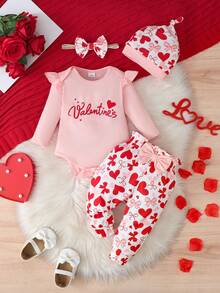 4pcs/Set Baby Girls Valentine's Day Outfit, Includes Cute Letter Print Bodysuit, Heart & Bow Print Pants, Headband & Hat - Pink - View 1