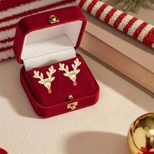 Pendientes navideños para mujer, delicados pendientes de reno con cascabel y copo de nieve, pendientes de botón/colgantes, pendientes llamativos, joyería, regalo de cumpleaños - oro - Ver 2