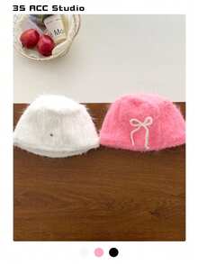 甜美蝴蝶结毛绒渔夫帽，温暖厚实的毛绒渔夫帽，带蝴蝶结装饰，适合女士秋冬季节、圣诞节和新年礼物 - 彩色 - 查看 8