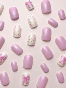 Milania Upgrade Your Style Instantly, 24pcs/Set Minimalist Short Square Pink Cute Bow Press-On Full Cover False Nails, Comes With 1pc Jelly Gel And 1pc Nail File Set To Add A Touch Of Romance, Making You Look Sweet For Daily Dates