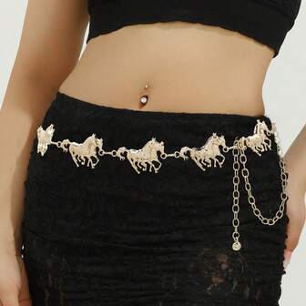 1件金色奔马造型金属女士腰链，吊坠链，前卫的欧美风格腰部装饰，适合搭配牛仔裤、休闲裤、睡袍、冬季度假装、长裙、半身裙、正式礼服，是学生、牛仔女郎、商务休闲女士以及圣诞节/万圣节派对的理想礼物。