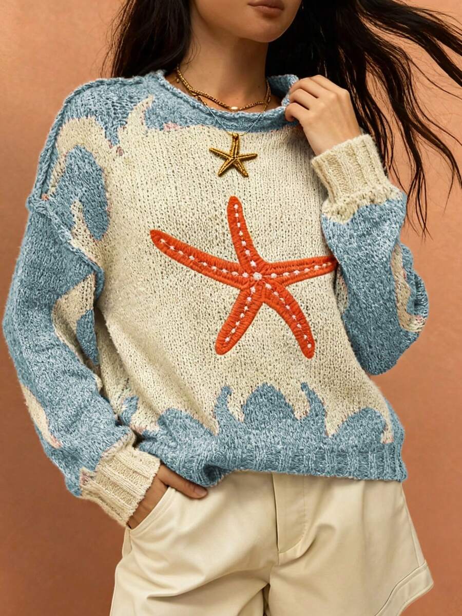 Sea Starshine 2025 Autumn/Winter Fashion Casual Commuter Versatile Personalized Women's Starfish Pattern Embroidery Color Block Wave Pattern Long Sleeve Drop Shoulder Round Neck Sweater Fall Women Country Concert