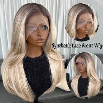 Kanekalon Futura Haar Blond Ombre 13x4 Synthetische Lace Front Pruik voor Dames 20 Inch Middellang Golvend Curtain Bangs Lijmloze Kanekalon Haarbestendige Synthetische Pruiken Middenscheiding 150% Dichtheid HD Transparante Pruiken Draagbaar en Direct te Gebruiken Hittebestendige Vezelpruiken voor Dames Dagelijks Feest Vakantie Vakantie Gebruik