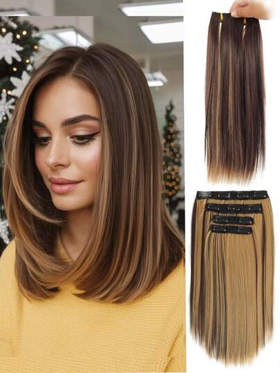 Straight Silky Straight Hair Extensions 15 Inch Short Clip In Hair Extensions Update Protein Filaments Women's Natural Soft Synthetic Hair Extensions Increase Hair Volume For Women Wig Daily Party Use 4PCS/Set