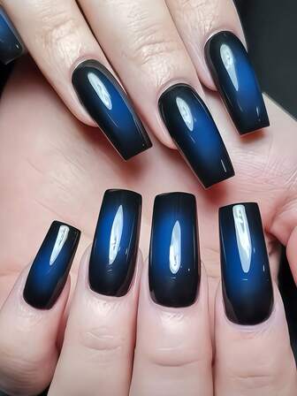 Transform Your Nails With 24pcs Medium Square Shape Press On Nails Kit Elegant Y2K-Style Black-Blue Gradient Ombre Fake Nails, Dark Punk-Style Blue-Gradient Black Nails Full Coverage Fake Nail Tips For Women And Girls Includes 1sheet Adhesive Tabs & 1pc Mini Fils Strip Jelly Gel Random Shipment