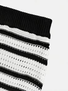 Women Off-Shoulder Halter Tie-Up Contrast Stripe Hollow-Out Cropped Fitted Top And Elastic Waist Bodycon Maxi Skirt Knit Set - Black and White - View 5