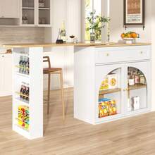 Ausziehbarer Bartisch mit Stauraum (138-204*39*104cm), 360° drehbare Essbar,Moderner Beweglicher Bar Table,Hochtisch Kücheninsel Bistro Table, Sideboardschrank mit Regalen und Glas,Schwarz - Branco - Ver 6