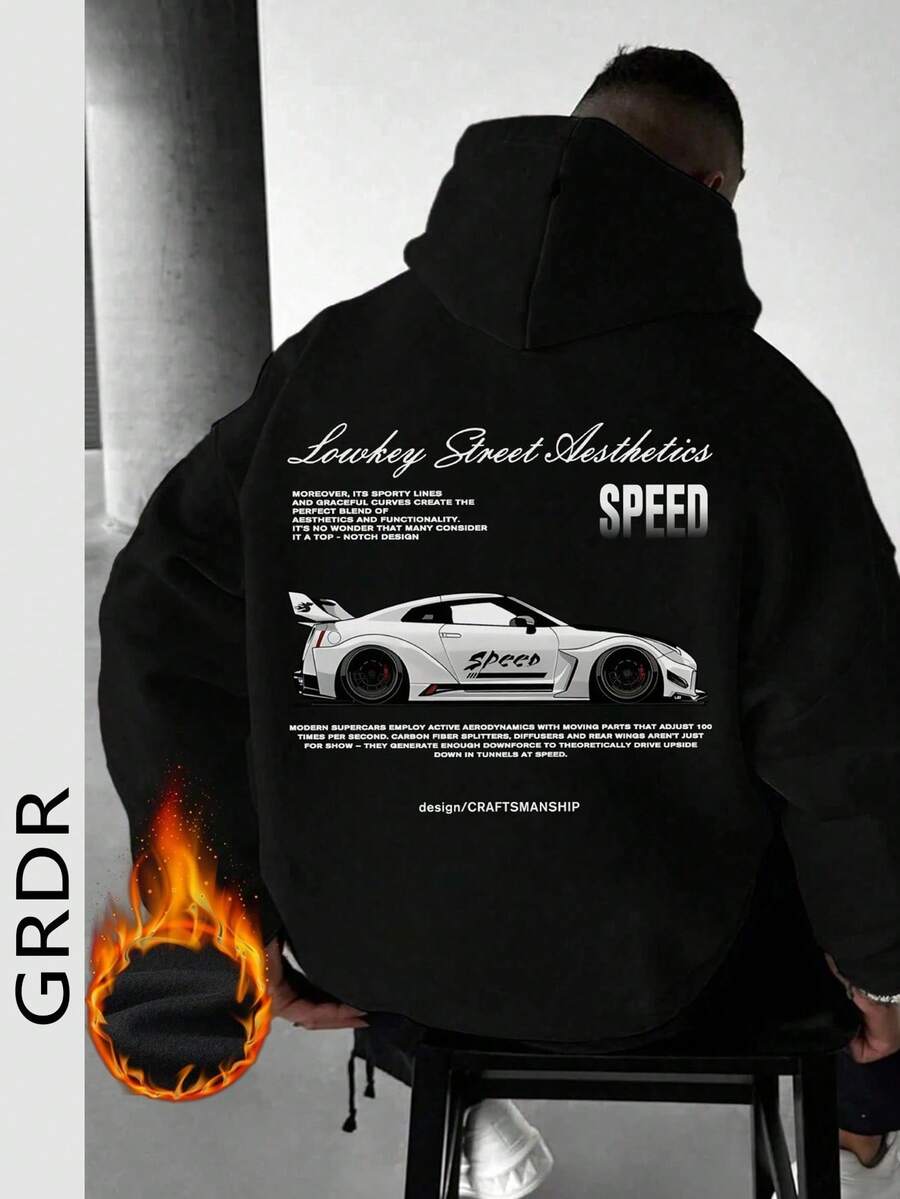 GRDR Men's Hoodie With Car Element Print, Kangaroo Pocket, Autumn/Winter New Street Fashion - Black - View 1