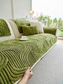 1pc Bohemian Style Solid Color Plush Sofa Cover - Quilted Craftsmanship, All-Season Use, Machine Washable, Pet Scratch Resistant, Soft And Comfortable Touch. Suitable For Living Room, Bedroom, Office And Other Home Scenes, Combines Decorative And Sofa Protection Functions, Fits Single To Three-Seater Sofas. - Green - View 7