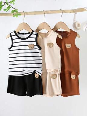 6pcs/Set Kids Boys Casual Top And Solid Color Pants Set, Suitable For Children Daily Wear, Infant Baby Boy Top And Shorts Outfit