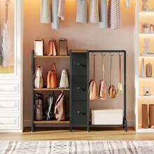 Purse Organizer For Closet Large Capacity Purse Rack With 4 Hooks 3 Shees And 3 Drawers Freestanding 3-Tier Handbag Organizer For Bedroom And Living Room Rustic Brown And Black HO01BR - Nâu đen mộc mạc - Xem 2