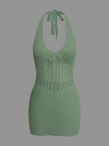 2026夏季女士优雅镂空针织露背吊带系带连衣裙罩衫，女士度假装、演唱会服装、毕业礼服、夏季服装、沙滩装、邮轮服装、假日装、夏季度假连衣裙、女装、沙滩装、性感罩衫连衣裙、沙滩时尚 - 綠色 - 查看 5