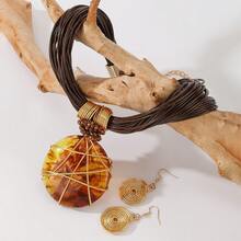 Conjunto de collar y aretes de fiesta de estilo glamoroso bohemio vintage, hecho a mano con alambre de aluminio multicapa exagerado, cristal artificial y resina trenzada, estilo UE/EE. UU. - Café - Ver 5